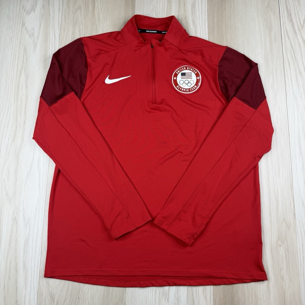 United States Olympic Team Shirt Mens Large Red Running Nike Dri Fit 1/4 Zip USA
